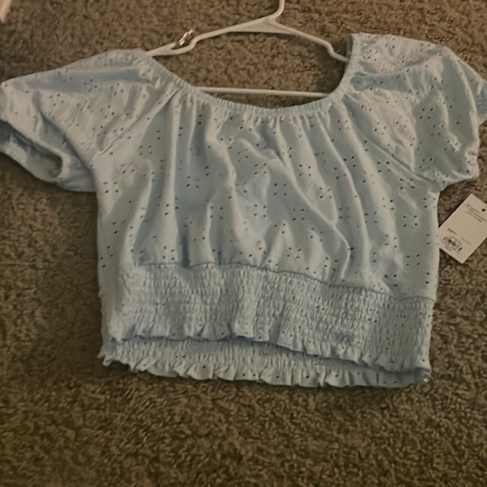 baby blue crop eyelet puffy sleeve shirt size L. never worn tags still on